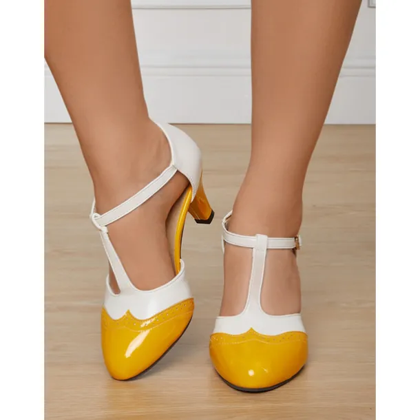 Women's 1950s Vintage T-Strap Mary Jane Heels – Two-Tone Brogue Low Heel Shoes for Retro Parties, Office Wear, and Special Occasions