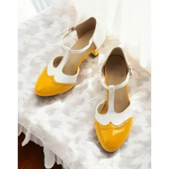 Women's 1950s Vintage T-Strap Mary Jane Heels – Two-Tone Brogue Low Heel Shoes for Retro Parties, Office Wear, and Special Occasions