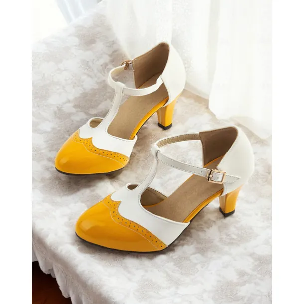 Women's 1950s Vintage T-Strap Mary Jane Heels – Two-Tone Brogue Low Heel Shoes for Retro Parties, Office Wear, and Special Occasions