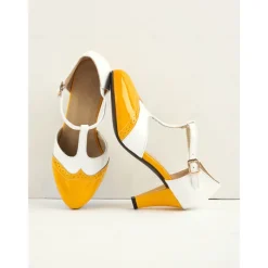 Women's 1950s Vintage T-Strap Mary Jane Heels – Two-Tone Brogue Low Heel Shoes for Retro Parties, Office Wear, and Special Occasions