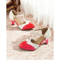 Women's 1950s Vintage T-Strap Mary Jane Heels – Two-Tone Brogue Low Heel Shoes for Retro Parties, Office Wear, and Special Occasions