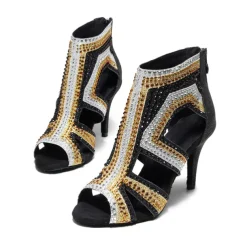 Women's Salsa Shoes Dance Boots Tango Shoes Performance Training Ankle Boots Heel Crystal / Rhinestone Sided Hollow Out Slim High Heel Peep Toe Zipper Lace-up Adults' Black / Gold