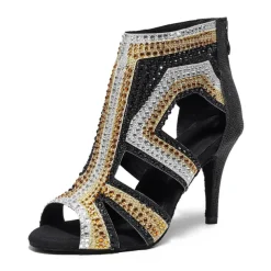 Women's Salsa Shoes Dance Boots Tango Shoes Performance Training Ankle Boots Heel Crystal / Rhinestone Sided Hollow Out Slim High Heel Peep Toe Zipper Lace-up Adults' Black / Gold