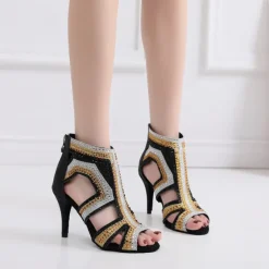 Women's Salsa Shoes Dance Boots Tango Shoes Performance Training Ankle Boots Heel Crystal / Rhinestone Sided Hollow Out Slim High Heel Peep Toe Zipper Lace-up Adults' Black / Gold