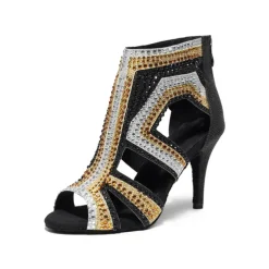 Women's Salsa Shoes Dance Boots Tango Shoes Performance Training Ankle Boots Heel Crystal / Rhinestone Sided Hollow Out Slim High Heel Peep Toe Zipper Lace-up Adults' Black / Gold