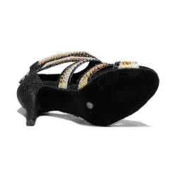 Women's Salsa Shoes Dance Boots Tango Shoes Performance Training Ankle Boots Heel Crystal / Rhinestone Sided Hollow Out Slim High Heel Peep Toe Zipper Lace-up Adults' Black / Gold