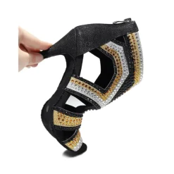 Women's Salsa Shoes Dance Boots Tango Shoes Performance Training Ankle Boots Heel Crystal / Rhinestone Sided Hollow Out Slim High Heel Peep Toe Zipper Lace-up Adults' Black / Gold