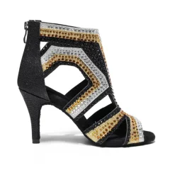 Women's Salsa Shoes Dance Boots Tango Shoes Performance Training Ankle Boots Heel Crystal / Rhinestone Sided Hollow Out Slim High Heel Peep Toe Zipper Lace-up Adults' Black / Gold