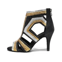 Women's Salsa Shoes Dance Boots Tango Shoes Performance Training Ankle Boots Heel Crystal / Rhinestone Sided Hollow Out Slim High Heel Peep Toe Zipper Lace-up Adults' Black / Gold