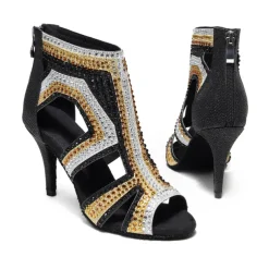 Women's Salsa Shoes Dance Boots Tango Shoes Performance Training Ankle Boots Heel Crystal / Rhinestone Sided Hollow Out Slim High Heel Peep Toe Zipper Lace-up Adults' Black / Gold