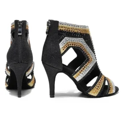 Women's Salsa Shoes Dance Boots Tango Shoes Performance Training Ankle Boots Heel Crystal / Rhinestone Sided Hollow Out Slim High Heel Peep Toe Zipper Lace-up Adults' Black / Gold