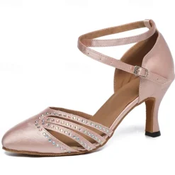 Women's Satin Ballroom Dance Shoes - Pink Rhinestone Heels with Ankle Strap for Salsa and Latin Dancing