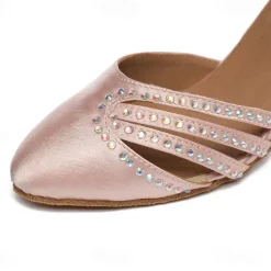 Women's Satin Ballroom Dance Shoes - Pink Rhinestone Heels with Ankle Strap for Salsa and Latin Dancing