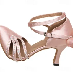 Women's Satin Ballroom Dance Shoes - Pink Rhinestone Heels with Ankle Strap for Salsa and Latin Dancing