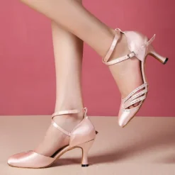 Women's Satin Ballroom Dance Shoes - Pink Rhinestone Heels with Ankle Strap for Salsa and Latin Dancing
