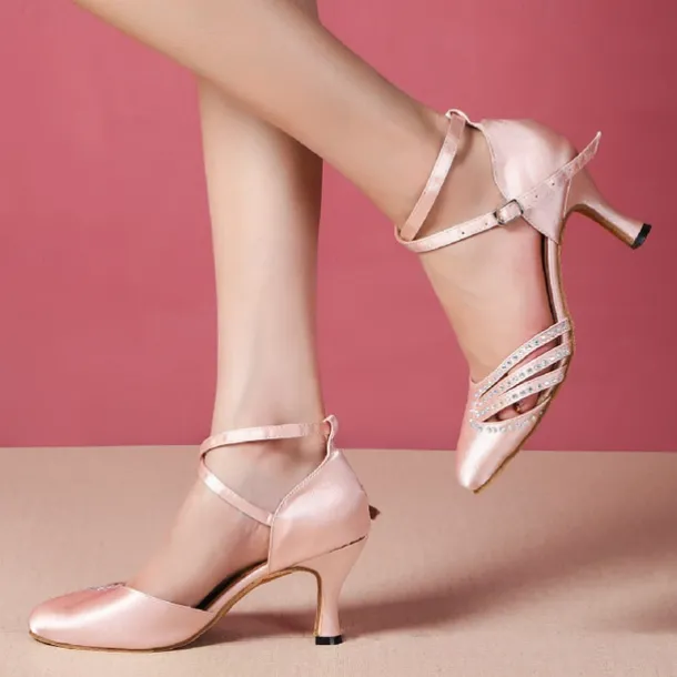 Women's Satin Ballroom Dance Shoes - Pink Rhinestone Heels with Ankle Strap for Salsa and Latin Dancing