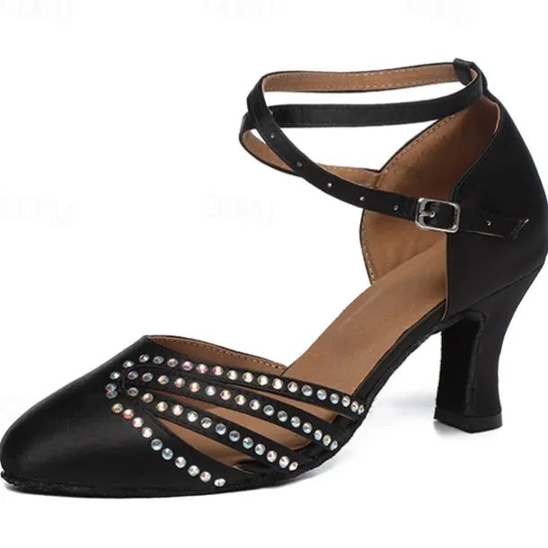 Women's Satin Ballroom Dance Shoes - Pink Rhinestone Heels with Ankle Strap for Salsa and Latin Dancing