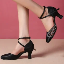 Women's Satin Ballroom Dance Shoes - Pink Rhinestone Heels with Ankle Strap for Salsa and Latin Dancing