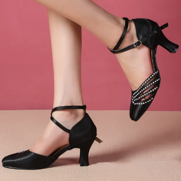 Women's Satin Ballroom Dance Shoes - Pink Rhinestone Heels with Ankle Strap for Salsa and Latin Dancing