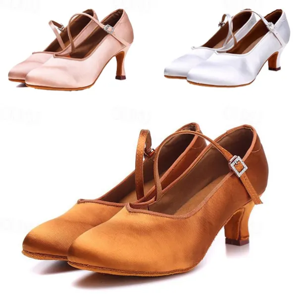 Women's Satin Dance Shoes with Adjustable Ankle Strap – Elegant Ballroom and Latin Dance Heels for Performances and Competitions