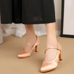 Women's Satin Dance Shoes with Adjustable Ankle Strap – Elegant Ballroom and Latin Dance Heels for Performances and Competitions