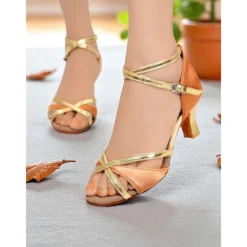 Women's Satin Latin Dance Shoes - Strappy Gold & Orange Professional Ballroom Heels for Salsa, Rumba & Performance Dance