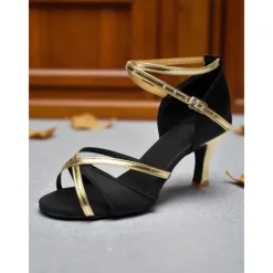 Women's Satin Latin Dance Shoes - Strappy Gold & Orange Professional Ballroom Heels for Salsa, Rumba & Performance Dance