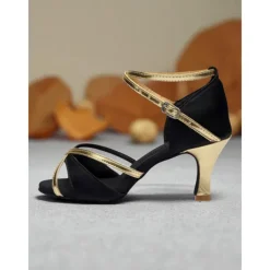 Women's Satin Latin Dance Shoes - Strappy Gold & Orange Professional Ballroom Heels for Salsa, Rumba & Performance Dance