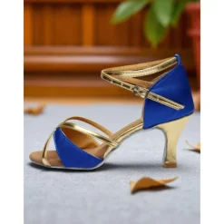 Women's Satin Latin Dance Shoes - Strappy Gold & Orange Professional Ballroom Heels for Salsa, Rumba & Performance Dance