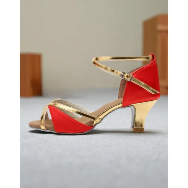 Women's Satin Latin Dance Shoes - Strappy Gold & Orange Professional Ballroom Heels for Salsa, Rumba & Performance Dance