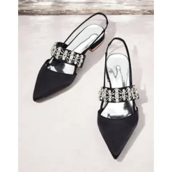 Women's Satin Slingback Flats with Rhinestone Embellished Straps – Elegant Pointed-Toe Low-Heel Shoes for Formal Events