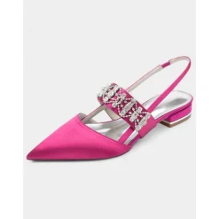 Women's Satin Slingback Flats with Rhinestone Embellished Straps – Elegant Pointed-Toe Low-Heel Shoes for Formal Events