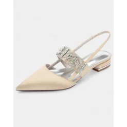 Women's Satin Slingback Flats with Rhinestone Embellished Straps – Elegant Pointed-Toe Low-Heel Shoes for Formal Events