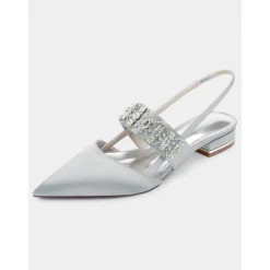 Women's Satin Slingback Flats with Rhinestone Embellished Straps – Elegant Pointed-Toe Low-Heel Shoes for Formal Events