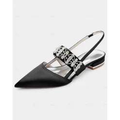 Women's Satin Slingback Flats with Rhinestone Embellished Straps – Elegant Pointed-Toe Low-Heel Shoes for Formal Events