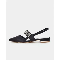 Women's Satin Slingback Flats with Rhinestone Embellished Straps – Elegant Pointed-Toe Low-Heel Shoes for Formal Events