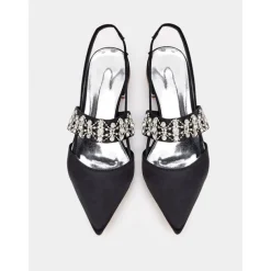 Women's Satin Slingback Flats with Rhinestone Embellished Straps – Elegant Pointed-Toe Low-Heel Shoes for Formal Events