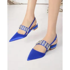 Women's Satin Slingback Flats with Rhinestone Embellished Straps – Elegant Pointed-Toe Low-Heel Shoes for Formal Events