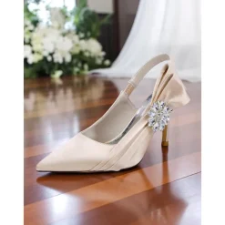 Women's Satin Slingback Peep-Toe Heels with Elegant Bow - Stylish Heels for Cocktail Parties and Evening Wear