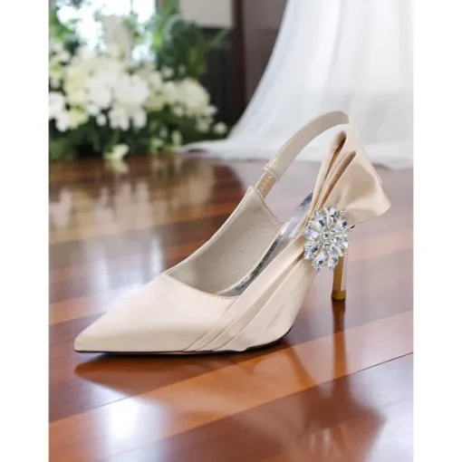 Women's Satin Slingback Peep-Toe Heels with Elegant Bow - Stylish Heels for Cocktail Parties and Evening Wear