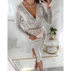 Women's Sequin Dress Midi Dress Sequins Split Casual V Neck Long Sleeve Silver Black Wine Color