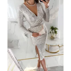 Women's Sequin Dress Midi Dress Sequins Split Casual V Neck Long Sleeve Silver Black Wine Color