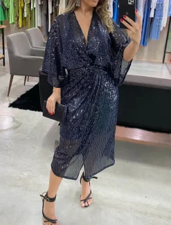 Women's Sequin Dress Party Dress Cocktail Dress Sequins Glitter V Neck 3/4 Length Sleeve Midi Dress Winter Dress Wedding Guest Navy Blue Spring Fall
