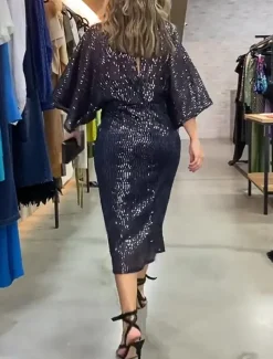 Women's Sequin Dress Party Dress Cocktail Dress Sequins Glitter V Neck 3/4 Length Sleeve Midi Dress Winter Dress Wedding Guest Navy Blue Spring Fall