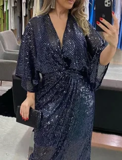 Women's Sequin Dress Party Dress Cocktail Dress Sequins Glitter V Neck 3/4 Length Sleeve Midi Dress Winter Dress Wedding Guest Navy Blue Spring Fall