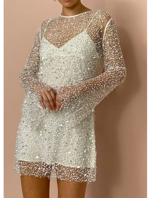 Women's Sequins Vintage Dress Mini Dress Polka Dot V Neck Long Sleeve Fall Winter White