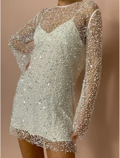 Women's Sequins Vintage Dress Mini Dress Polka Dot V Neck Long Sleeve Fall Winter White