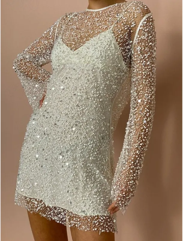 Women's Sequins Vintage Dress Mini Dress Polka Dot V Neck Long Sleeve Fall Winter White