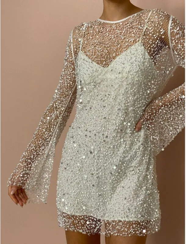Women's Sequins Vintage Dress Mini Dress Polka Dot V Neck Long Sleeve Fall Winter White