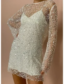 Women's Sequins Vintage Dress Mini Dress Polka Dot V Neck Long Sleeve Fall Winter White